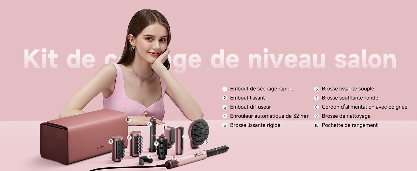 Le texte se lit comme suit : « Kit de mise à niveau salon ». Configuration de soins de beauté professionnels avec une surface rembourrée brune avec divers outils de massage et de traitement disposés.
