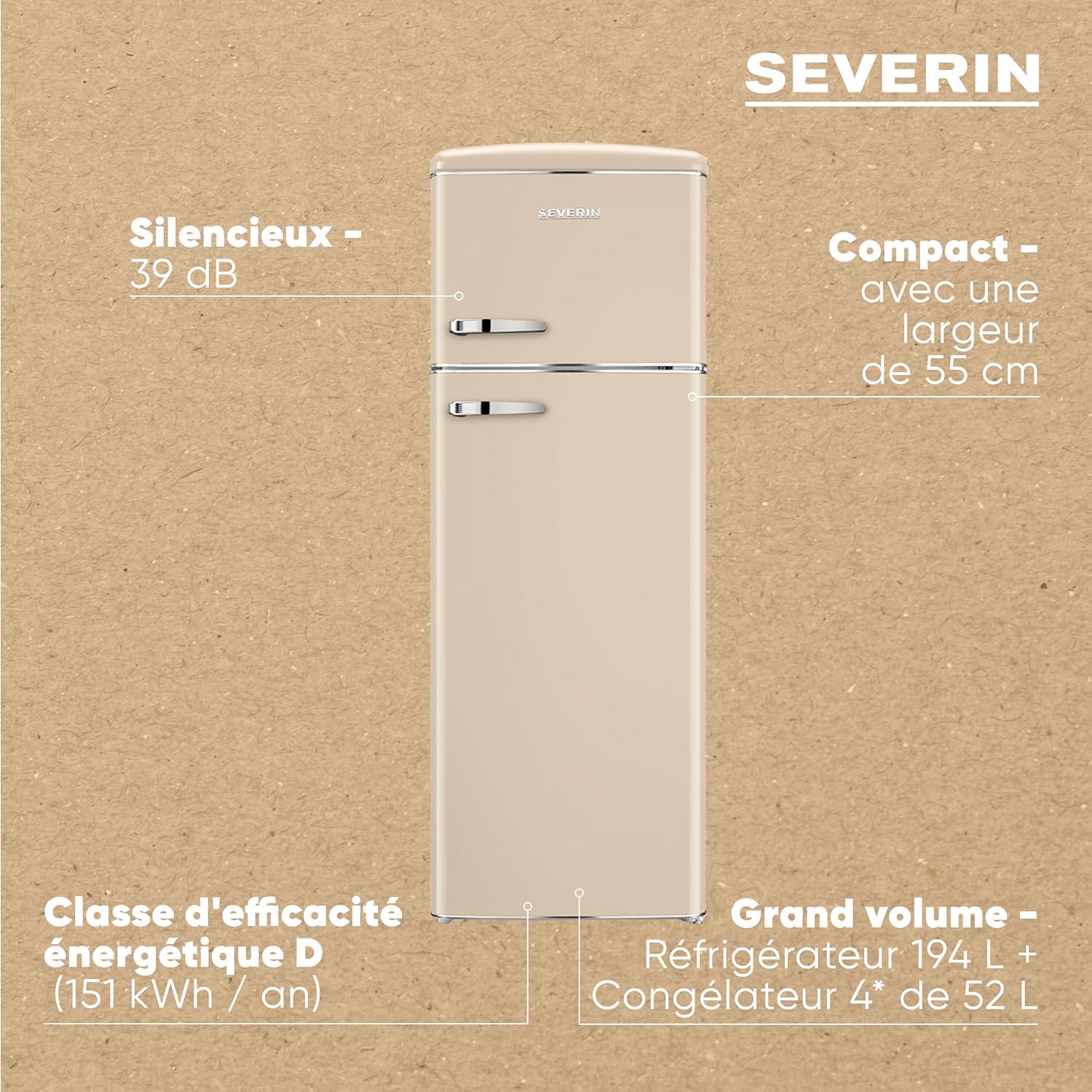 Severin - Rétro série - 55 cm, 246 L, double porte, classe D, crème - RKG8985