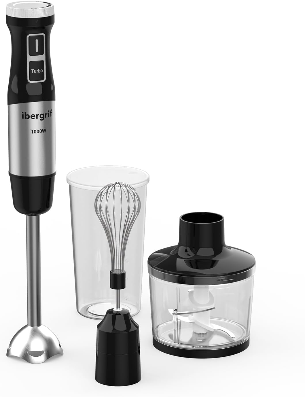 Ibergrif - Mixeur plongeant 4-en-1 acier inox, 1000W, turbo, réglage vitesse