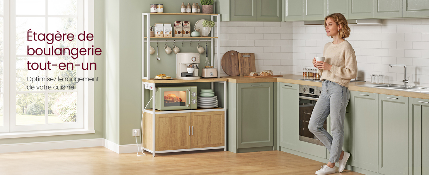 Le texte indique « Étagère de boulangerie » et « tout-en-un ». Scènes d'intérieur de cuisine montrant des solutions de rangement modulaires et des systèmes d'organisation dans des cuisines modernes.