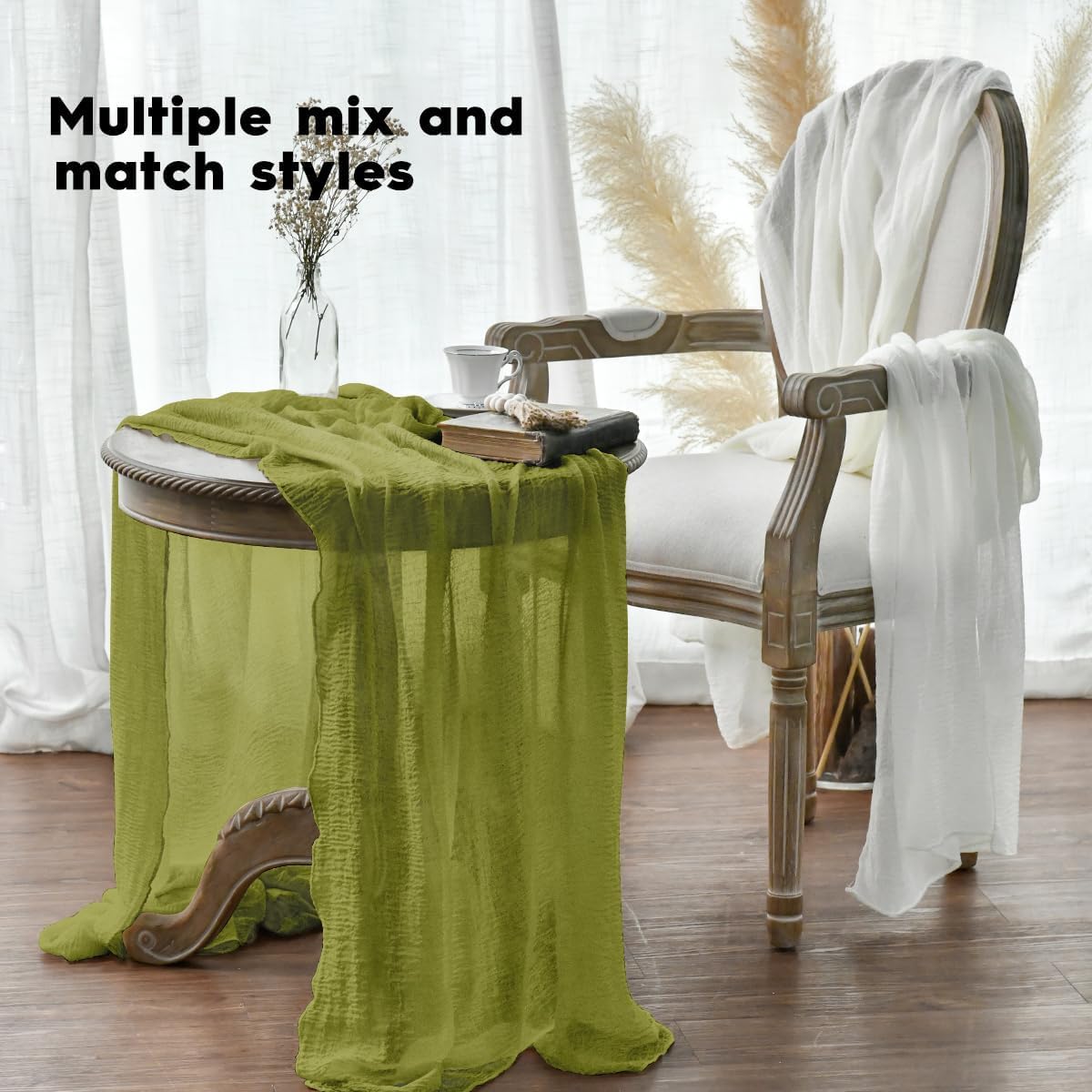 Artoid Mode - chemins de table bohême - 300 cm - gaze mousseline vert gazon, déco mariage/anniversaire