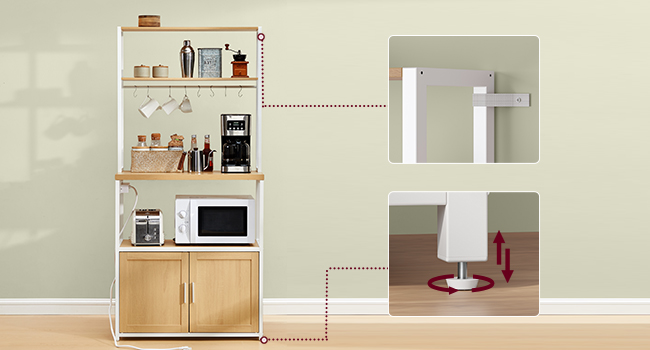 Séquence de photos de l'intérieur de la pièce montrant une cuisine ou un espace de vie avec des armoires et des appareils électroménagers dans une palette de couleurs beige/blanc.