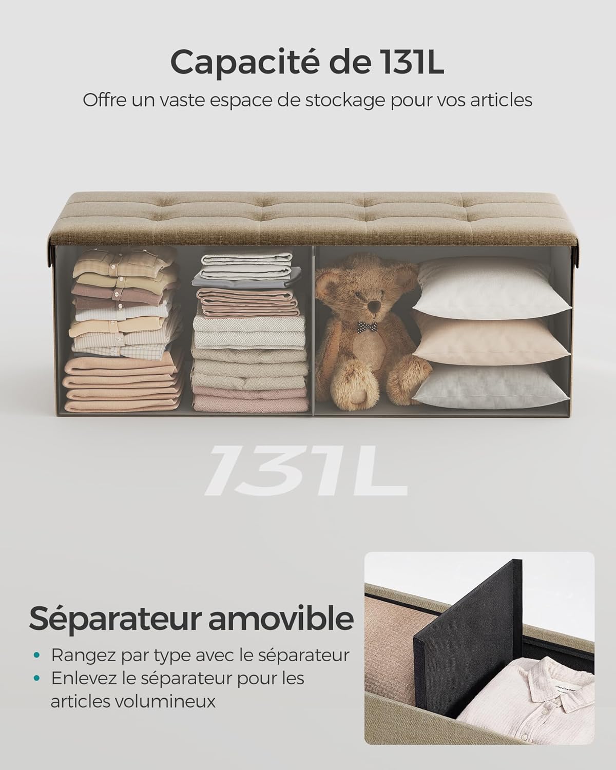 SONGMICS - Mazie Collection - banc pliable 110 cm, rangement bout de lit, montage facile, marron camel, LSF077R01
