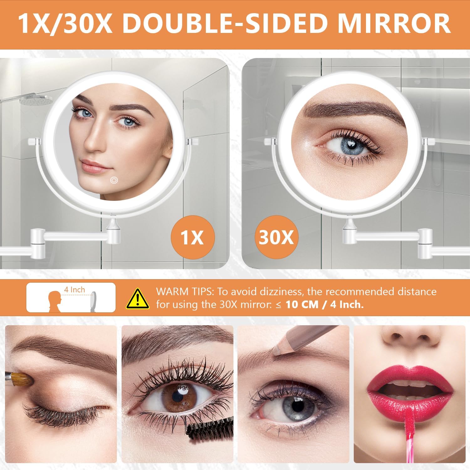 Auxmir - miroir mural série lumineuse - 8 pouces - grossissement 1x/30x, 3 couleurs, tactile, USB, 360° pivotant