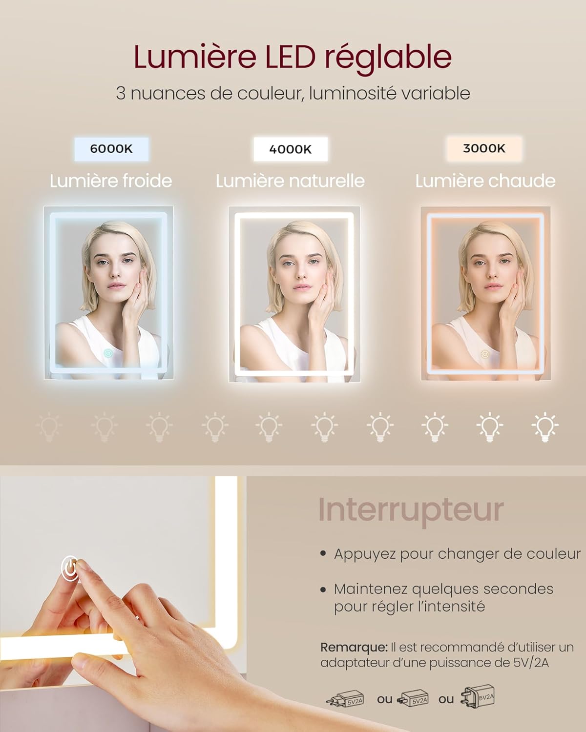 VASAGLE - coiffeuse Kailyn, blanche, miroir LED, 2 tiroirs, RDT143WB01