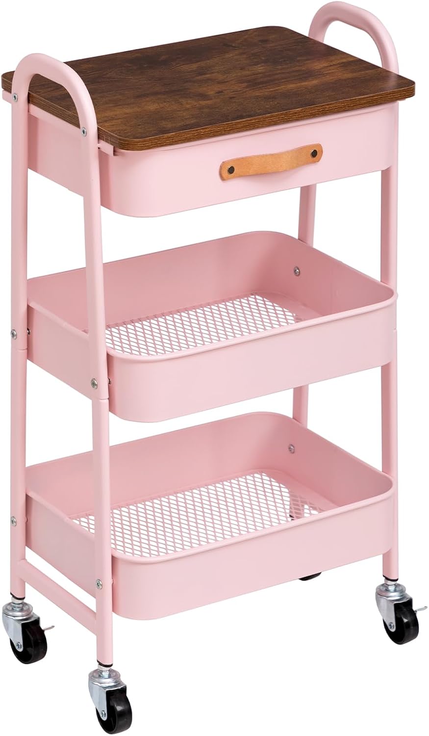 DOEWORKS - chariot 3 niveaux métal rose, tiroir, compact, cuisine, chambre