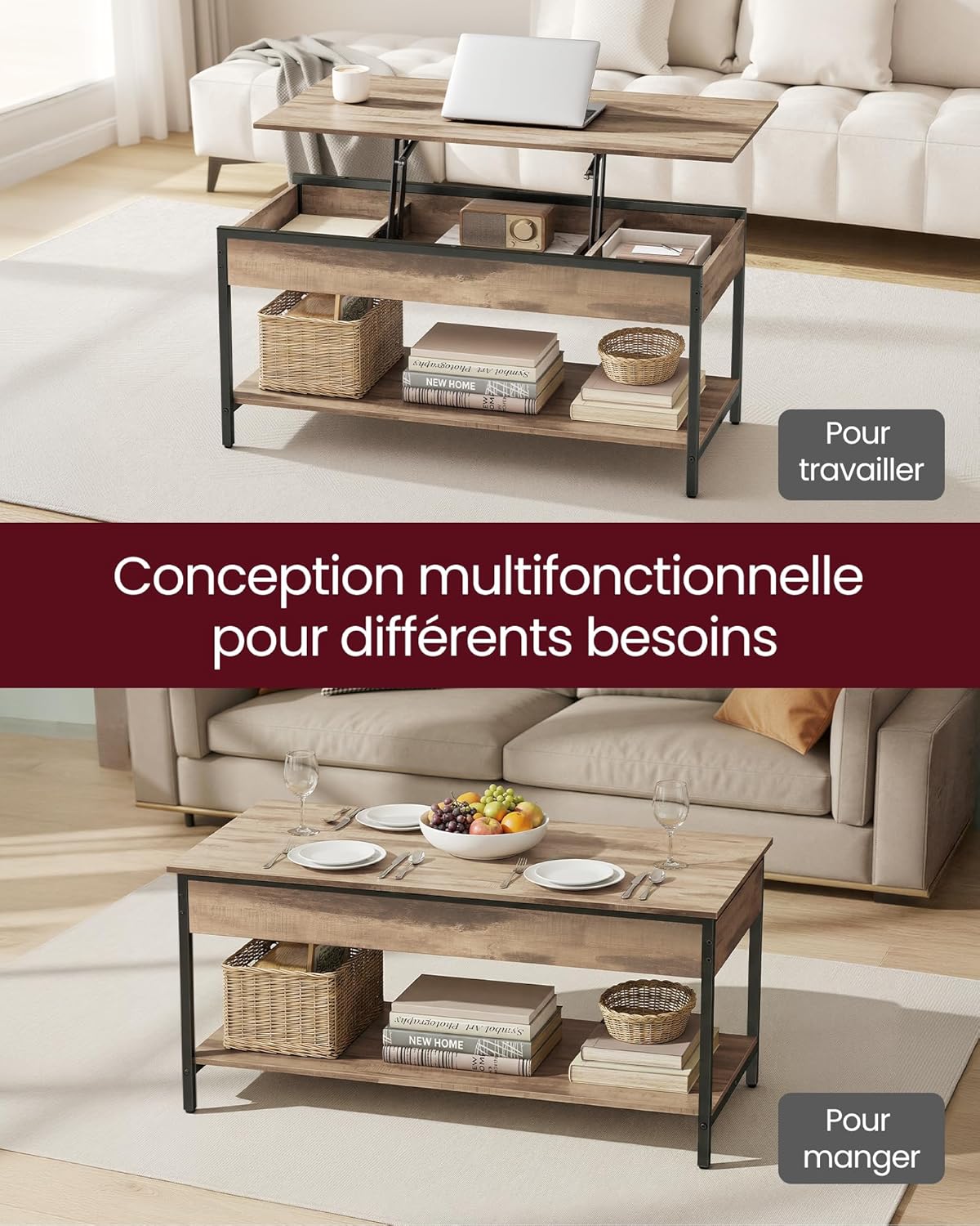 VASAGLE - Table basse relevable série LCT261LB02, 100x50 cm, rangement caché