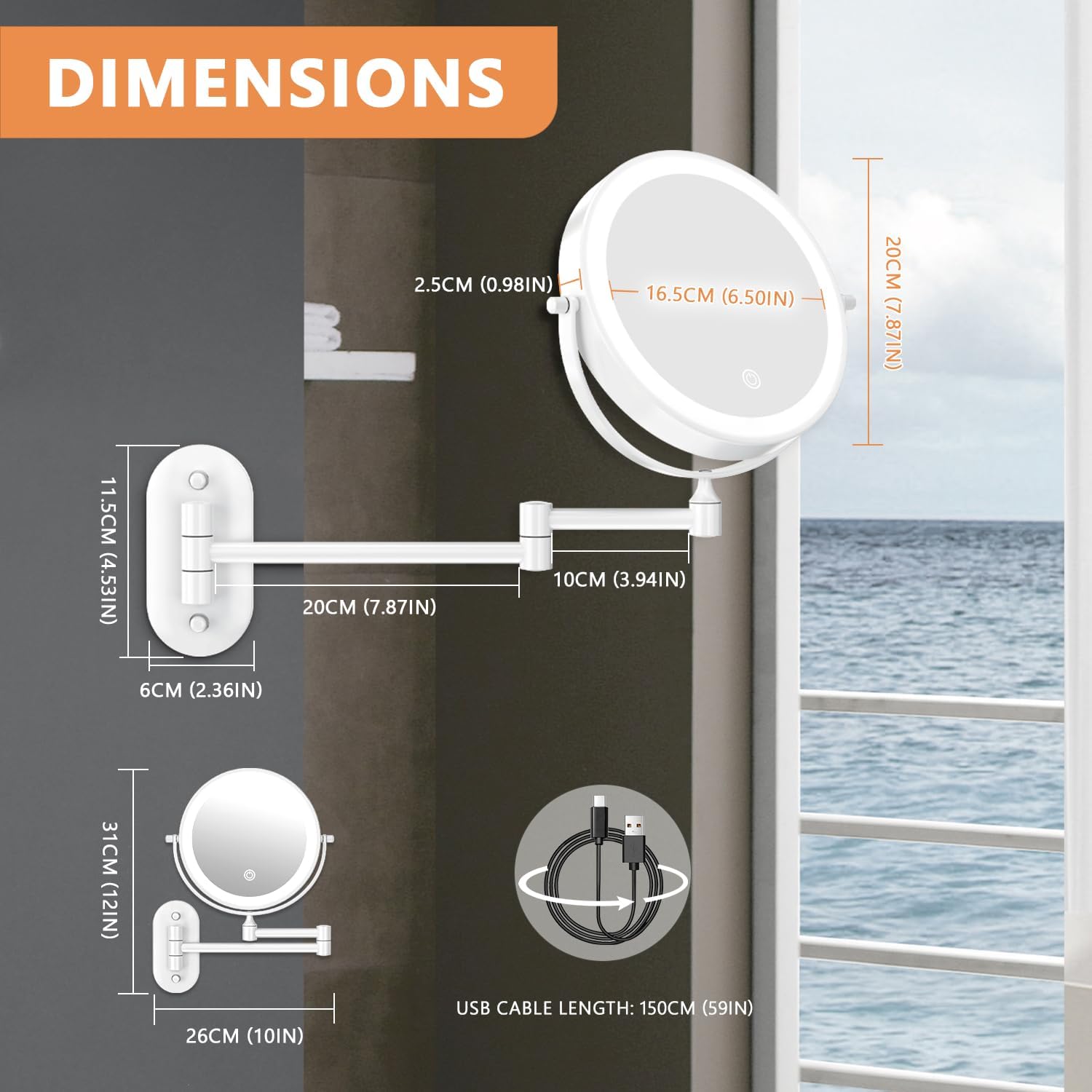 Auxmir - miroir mural LED, x20/1x, USB, 3 couleurs, tactile, 360°