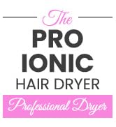 Le texte se lit comme suit : « Le sèche-cheveux ionique PRO est de conception professionnelle ». Logo rose et noir pour un produit de coiffure.