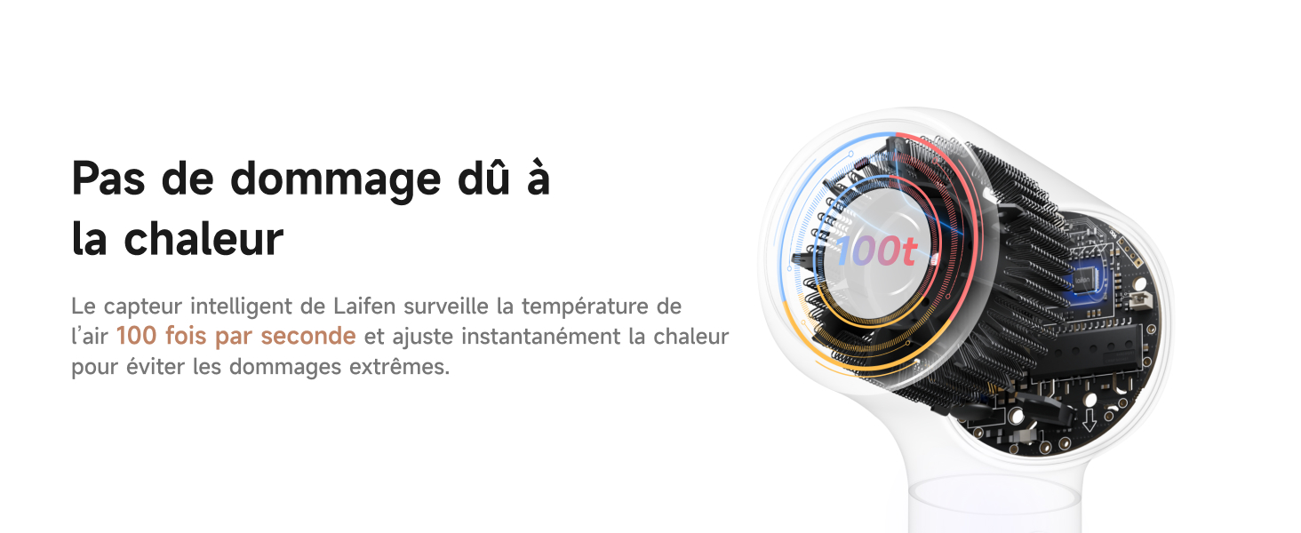 Le texte se lit comme suit : « Pas de dommage dû à la chaleur ». Schéma technique illustrant les caractéristiques de protection thermique avec texte français et illustrations relatives à la température.