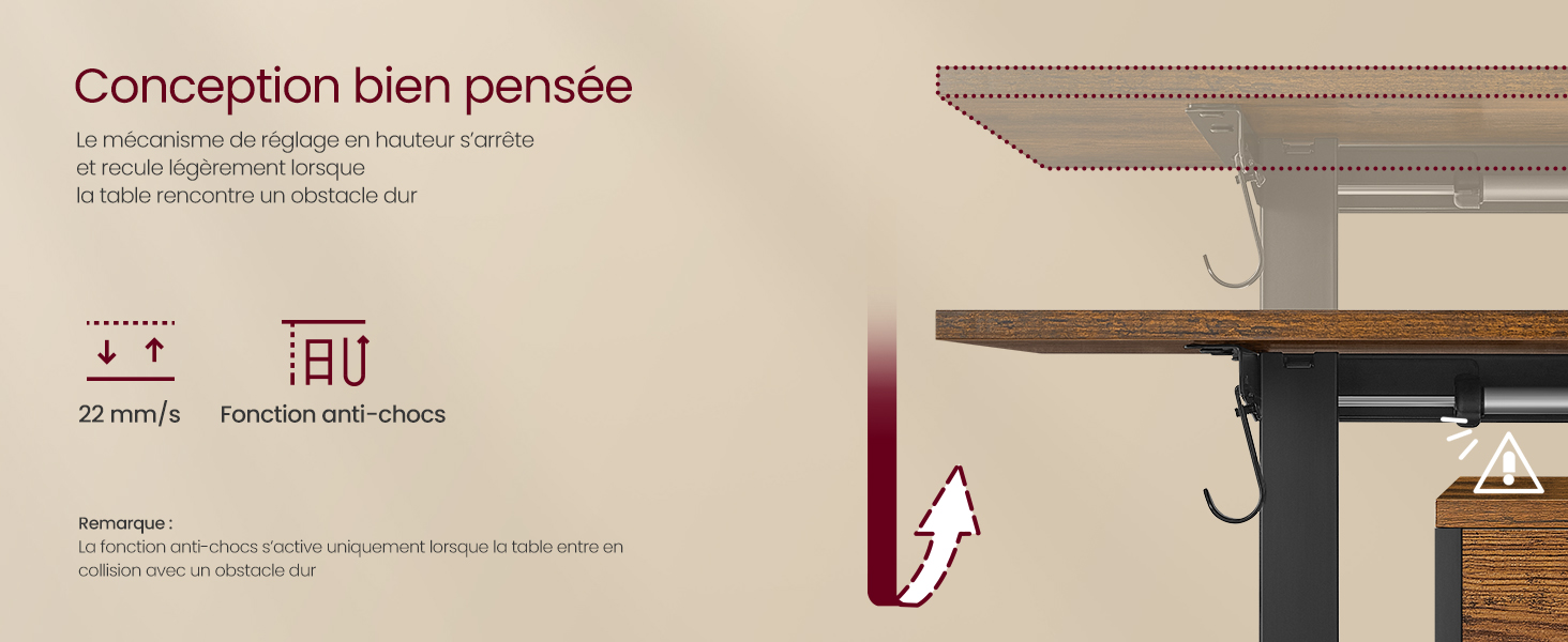 Schéma d'architecture ou de mobilier montrant les mesures et les spécifications, avec le texte français « Conception bien pensée » en haut.