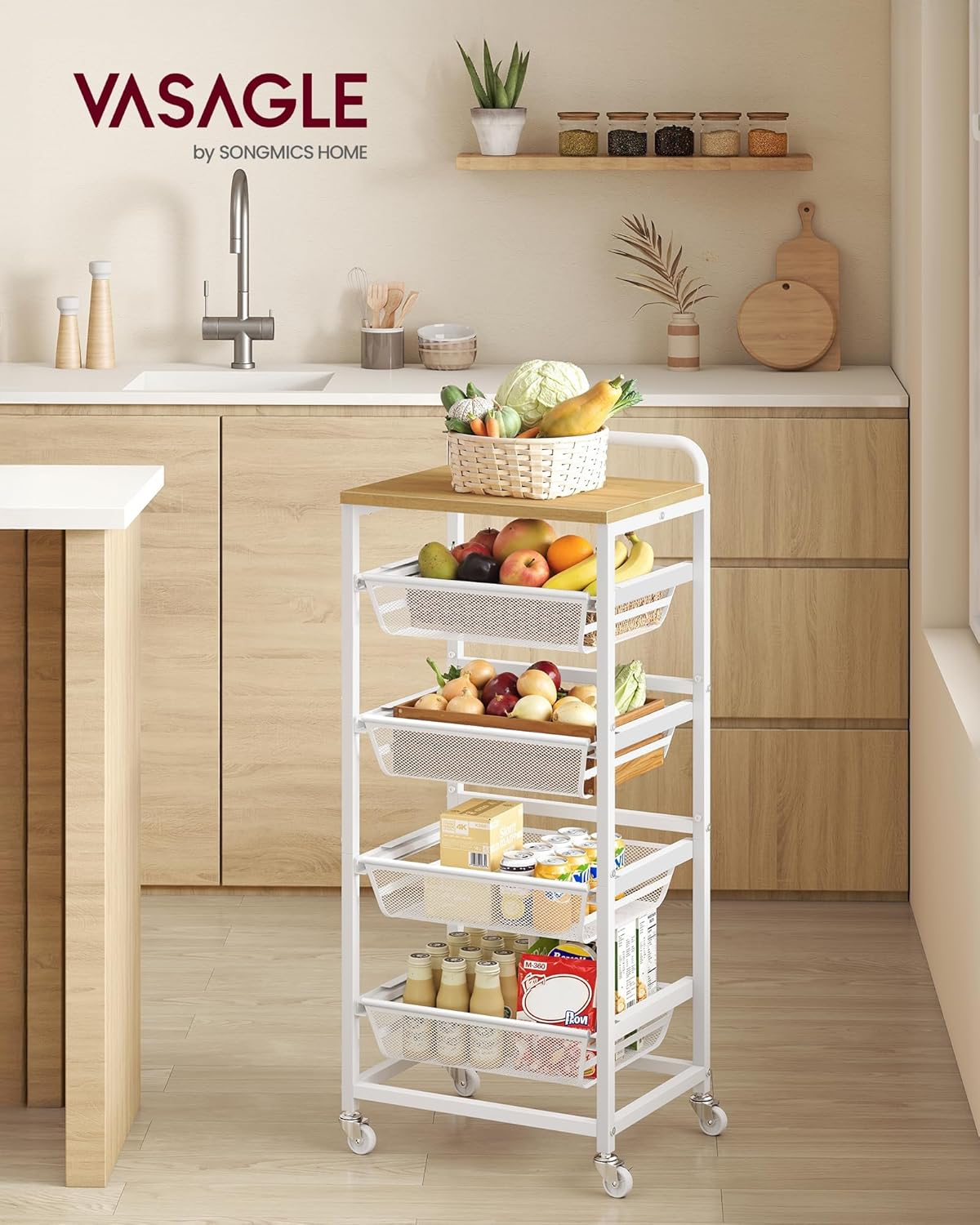 VASAGLE - chariot de rangement à 5 niveaux, 31,7x40x95cm, paniers extractibles, roulettes, poignée, LRC041YA01
