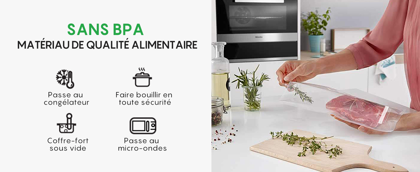 Le texte indique « SANS BPA MATERIAU DE QUALITE ALIMENTAIRE ». Infographie présentant des icônes liées à l'alimentation et les étapes de préparation avec du texte en français.