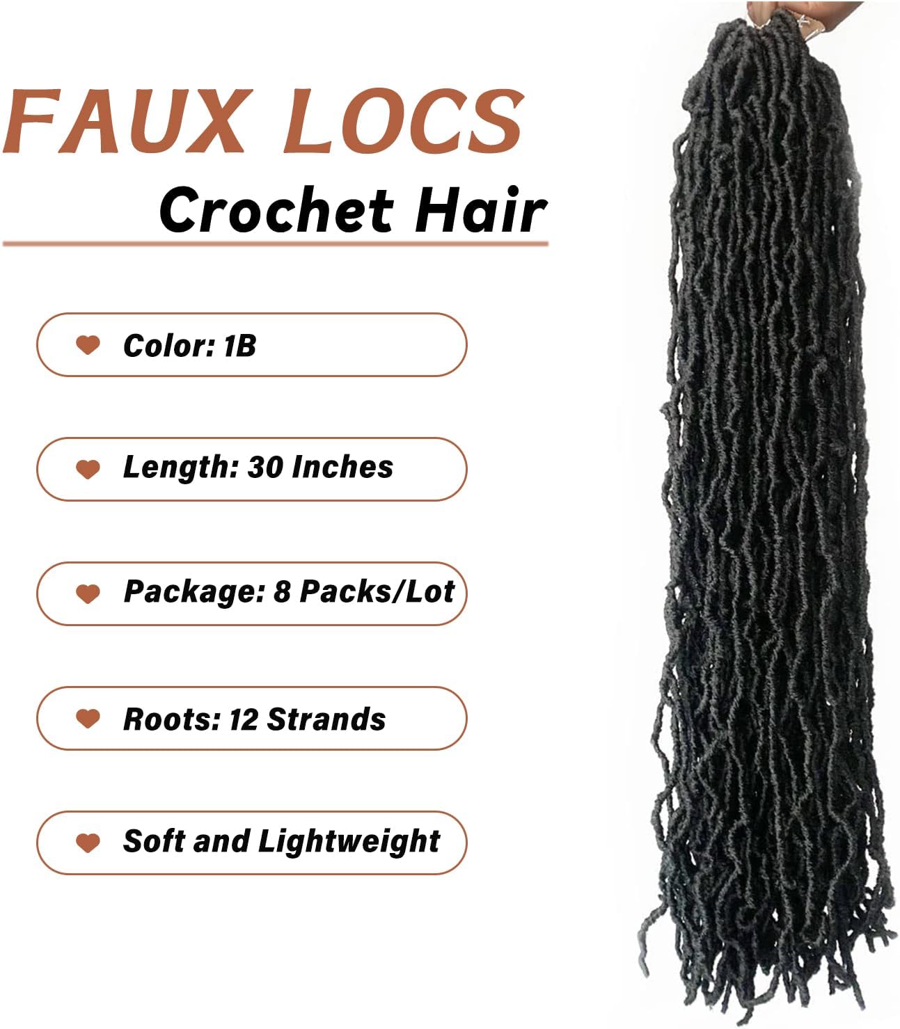 Faux Locks Crochet Braids - Soft Locs, 76 cm, lot de 8, #1B
