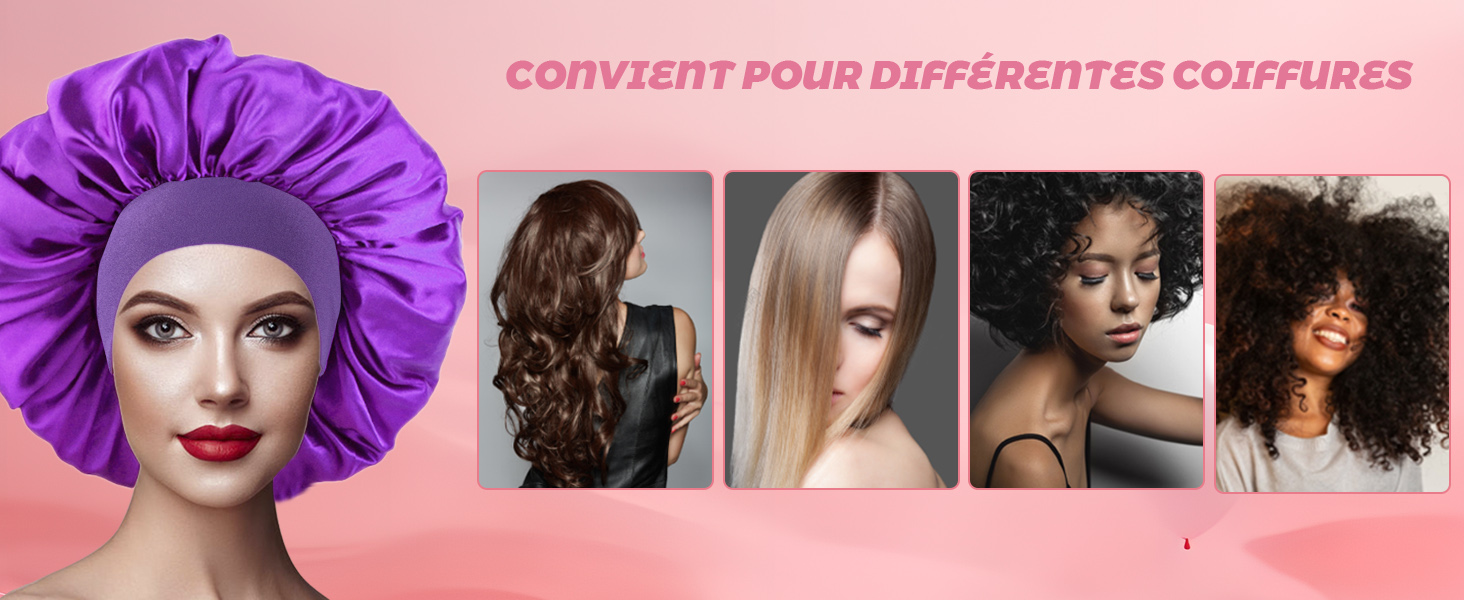 Bonnet ou bonnet surdimensionné violet satiné. Le texte indique « CONVIENT POUR DIFFÉRENTES COIFFURES » avec des images de différentes coiffures