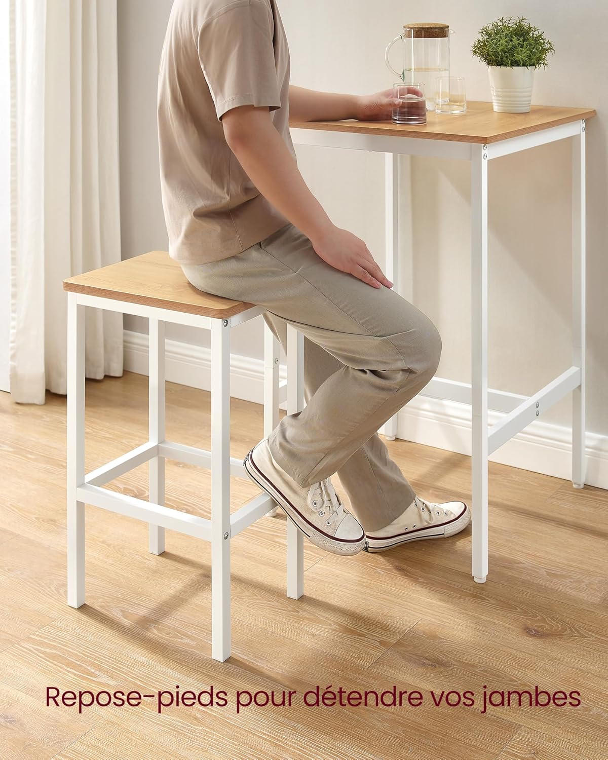 VASAGLE - Table bar & 2 tabourets, chêne doré/blanc, compact, LBT017W09