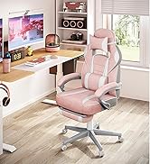 en rose et blanc au design ergonomique, dotée d'accoudoirs rembourrés, d'une extension de repose-pieds et d'une base à roulettes, idéale pour un bureau à domicile