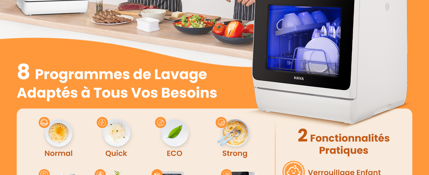 Écran de lave-vaisselle de comptoir compact affichant 8 programmes de lavage, y compris les modes Normal, Rapide, ECO et Fort avec écran d'interface numérique