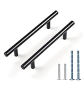 Deux poignées d'armoire en métal noir avec barres cylindriques et pieds ronds. Vis d'accompagnement en argent et bleu pour l'installation.