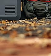 Gros plan du sol recouvert de feuilles tombées en automne. Un objet gris avec des lamelles de ventilation et une partie d'un sac à dos sombre à bretelles sont visibles à l'arrière-plan