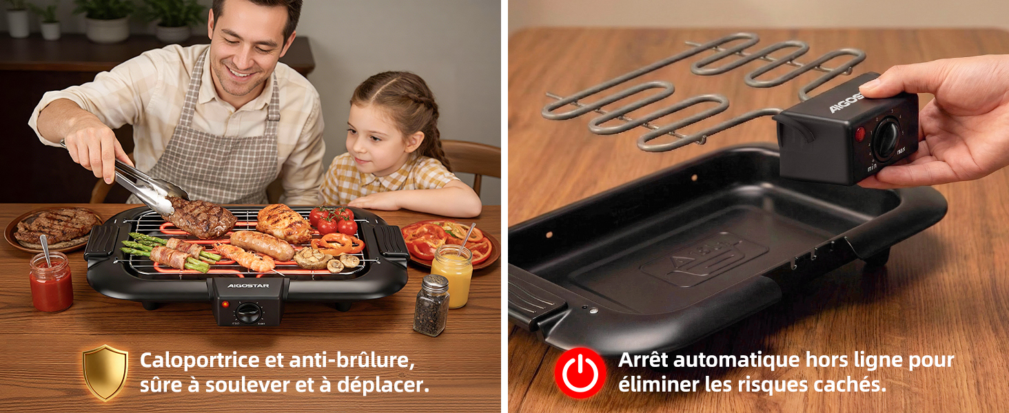 Série d'images montrant une plaque chauffante électrique en cours d'utilisation, avec des aliments préparés et cuits à sa surface.