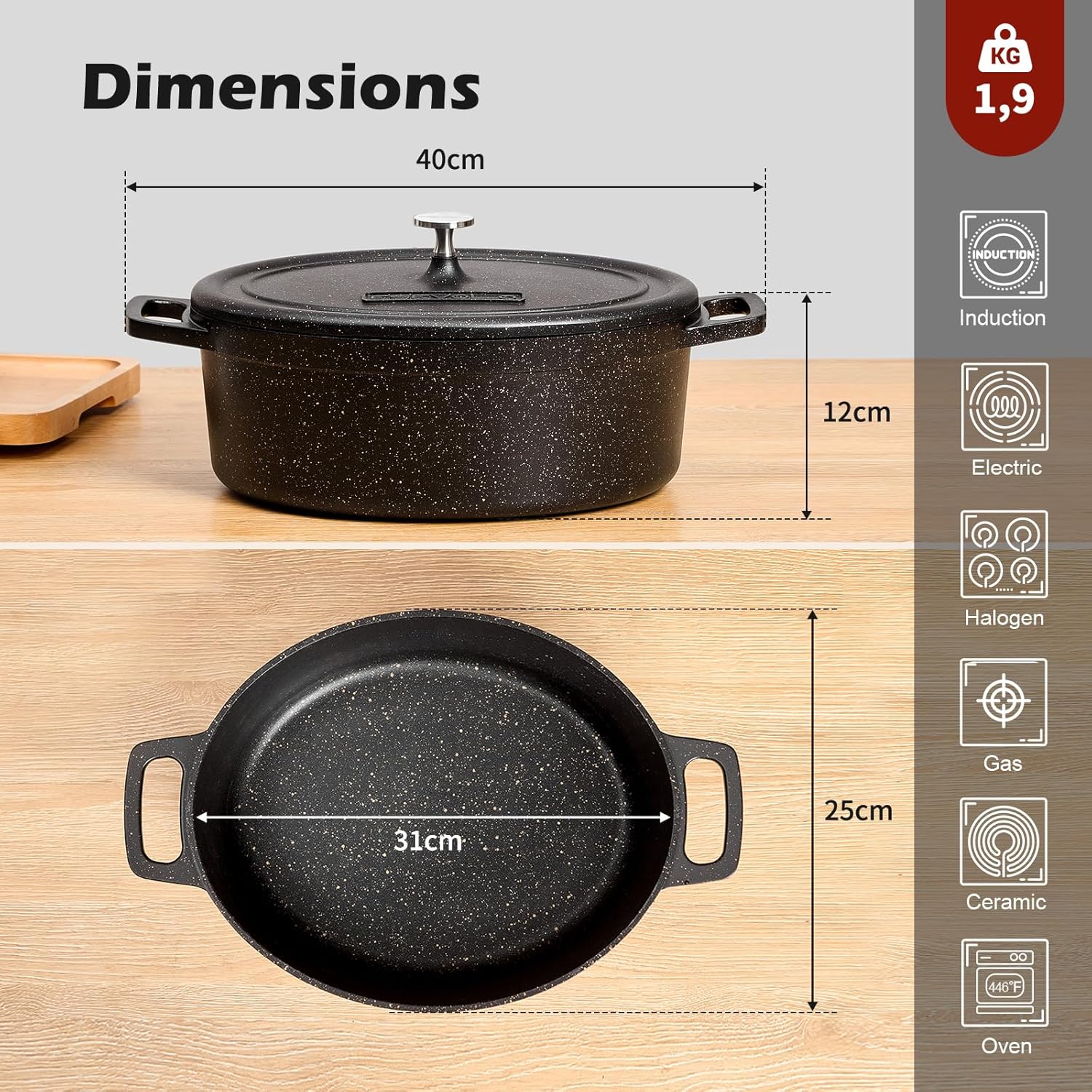 Cocotte fonte aluminium ovale 31cm 6,3L, antiadhésive, noir