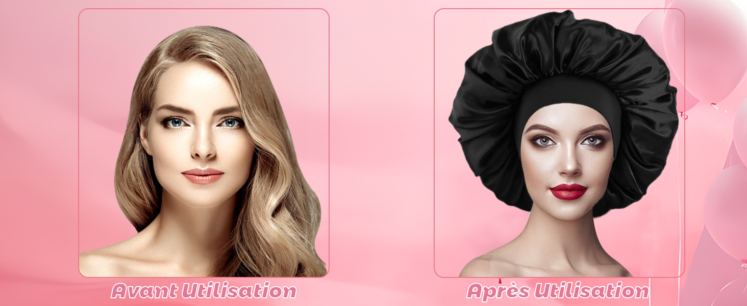 Images avant et après mettant en valeur la protection des cheveux, avec la deuxième image représentant un grand bonnet en satin noir
