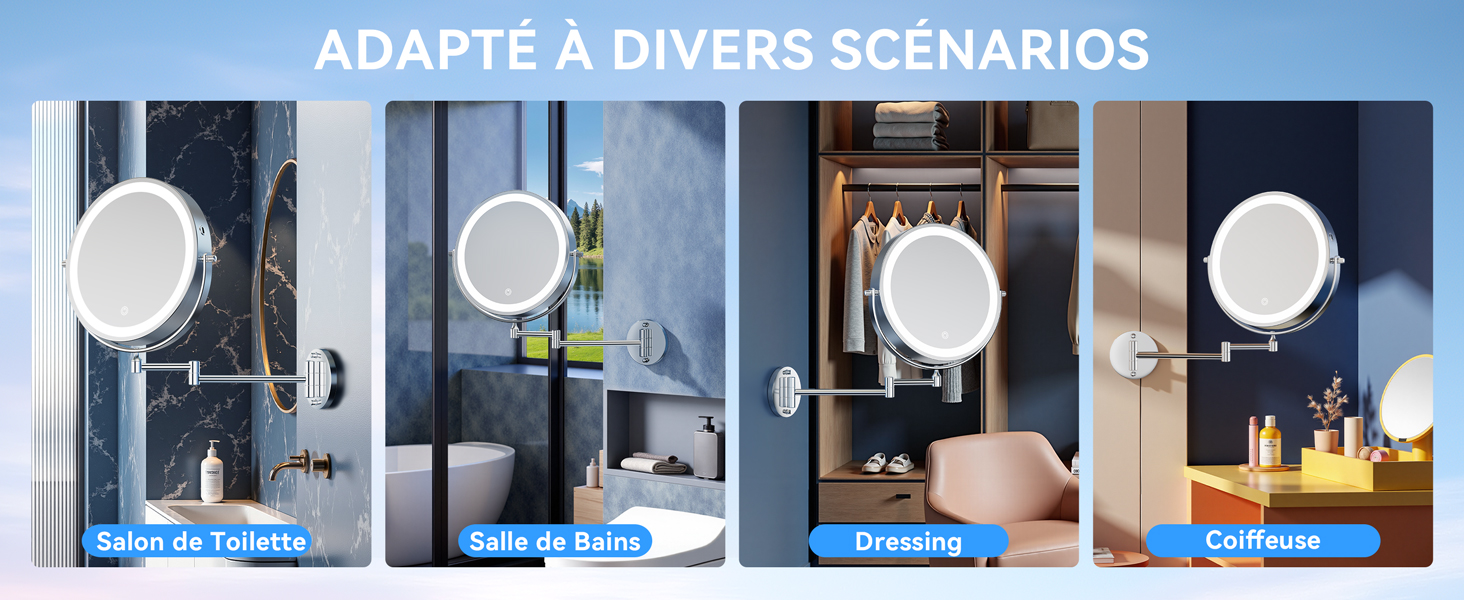 Le texte se lit comme suit : « ADAPTE A DIVERS SCÉNARIOS ». Visualisation du design d'intérieur montrant la même pièce dans différentes conditions d'éclairage avec des arrangements de mobilier.