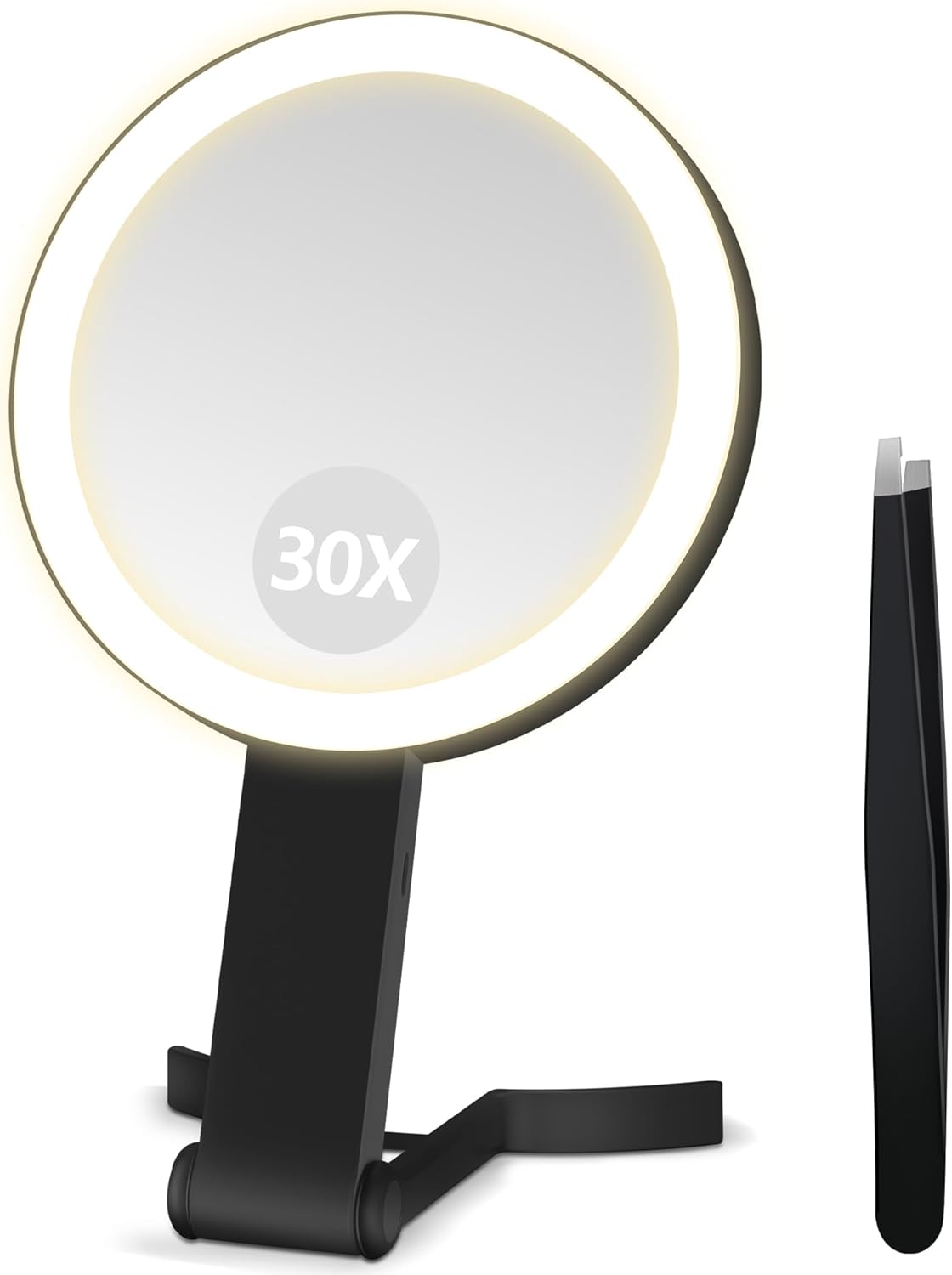B Beauty Planet - miroir maquillage double face 30X/1X - lumière réglable & pince - pliable, noir