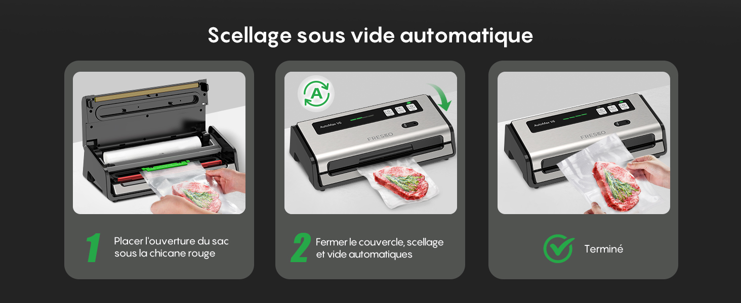 Le texte se lit comme suit : « Cellage sous vide automatique ». Séquence didactique montrant trois étapes du processus de scellage sous vide à l'aide d'un dispositif de scellage des aliments et d'emballages alimentaires.