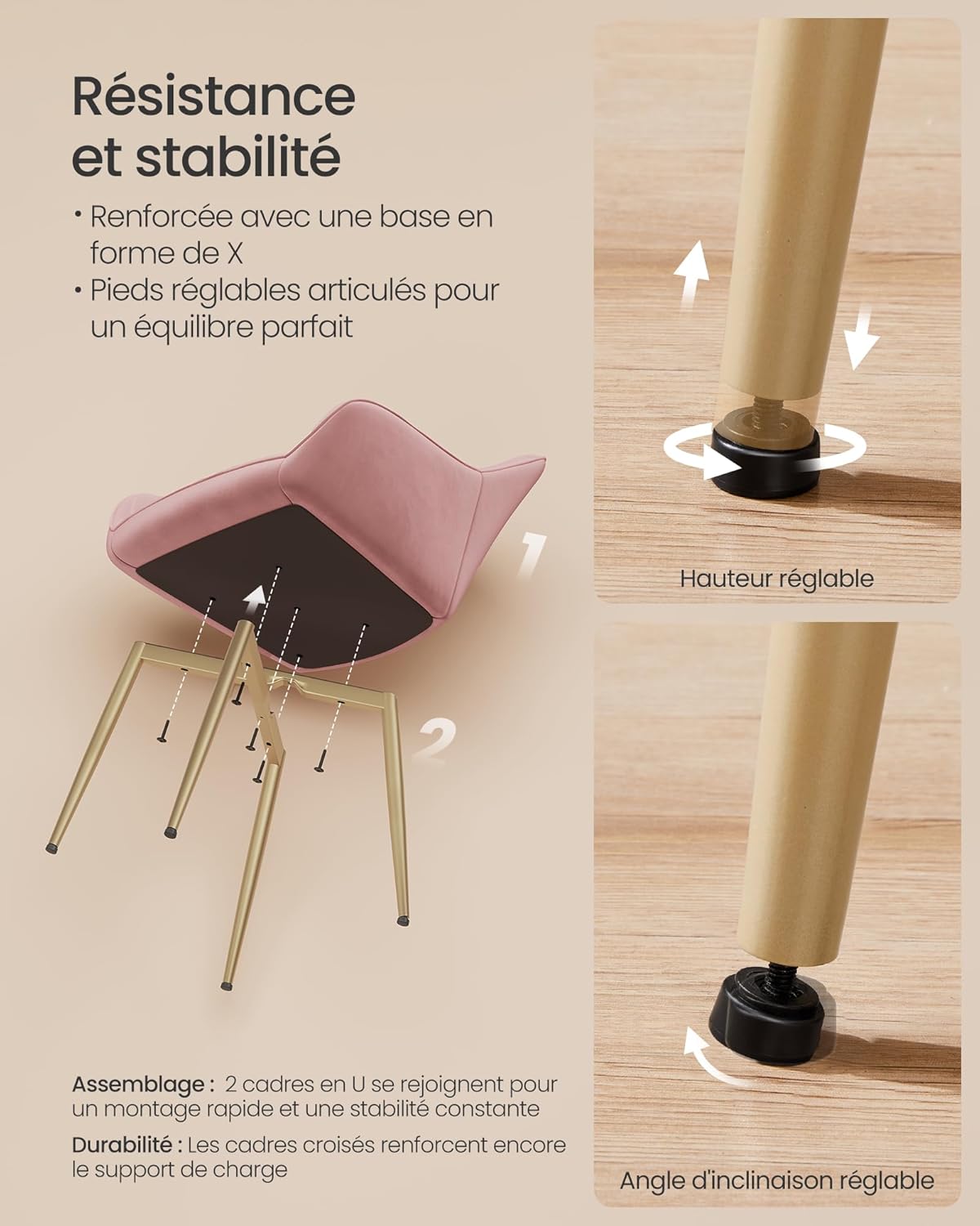 SONGMICS - fauteuil velours, lot de 6, accoudoirs, pieds métal, rose, LDC087R16