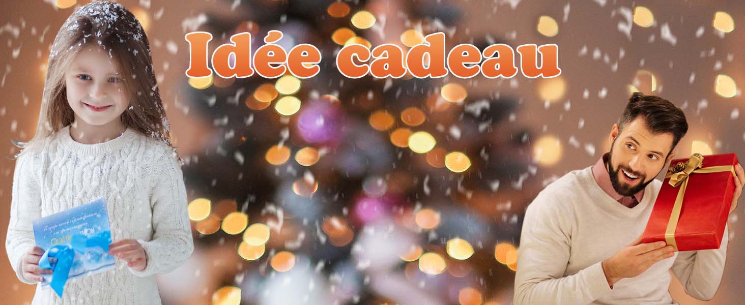 Scène de cadeaux avec des lumières festives. À gauche : enfant tenant un cadeau bleu. À droite : adulte avec coffret cadeau rouge. Texte « Idee cadeau » superposé à l'image.