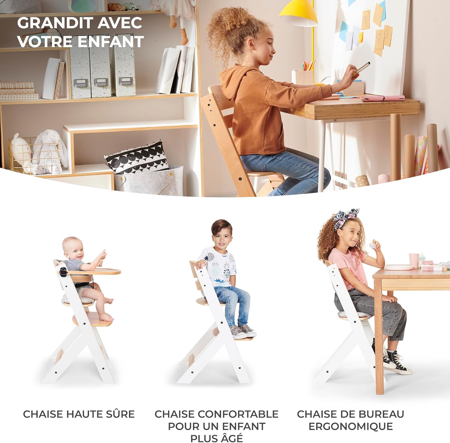 Kinderkraft - ENOCK - chaise haute évolutive, bois hêtre, harnais 3 pts, 35 kg, plateau amovible, blanc