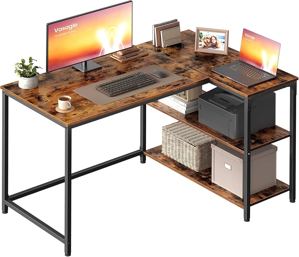 VASAGLE - Bureau en L - 110x80 cm - étagères ajustables, rangement, LWD135KD01