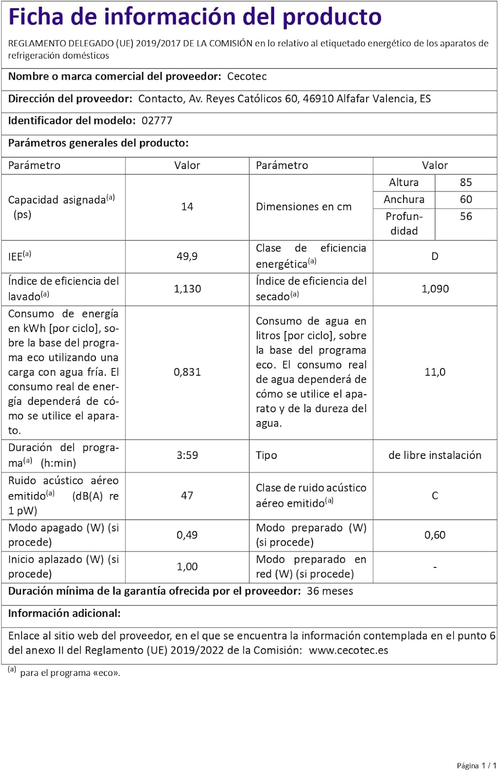 Cecotec - Bolero Aguazero - 60 cm - 14 couverts, 6 programmes, Turbo Dry+