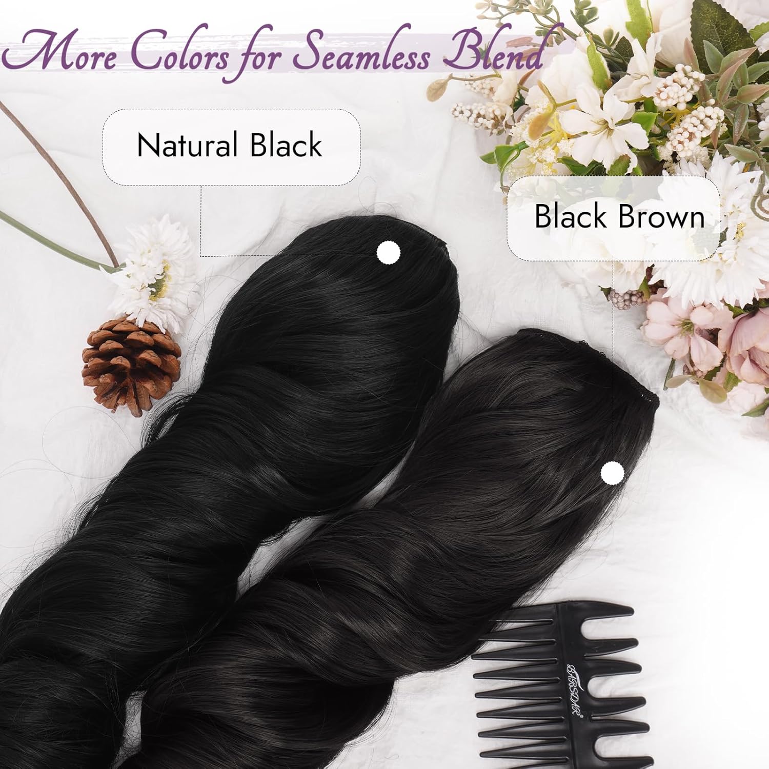 BARSDAR - extensions clip noir ondulées 50cm, lot 5pcs, synthétique