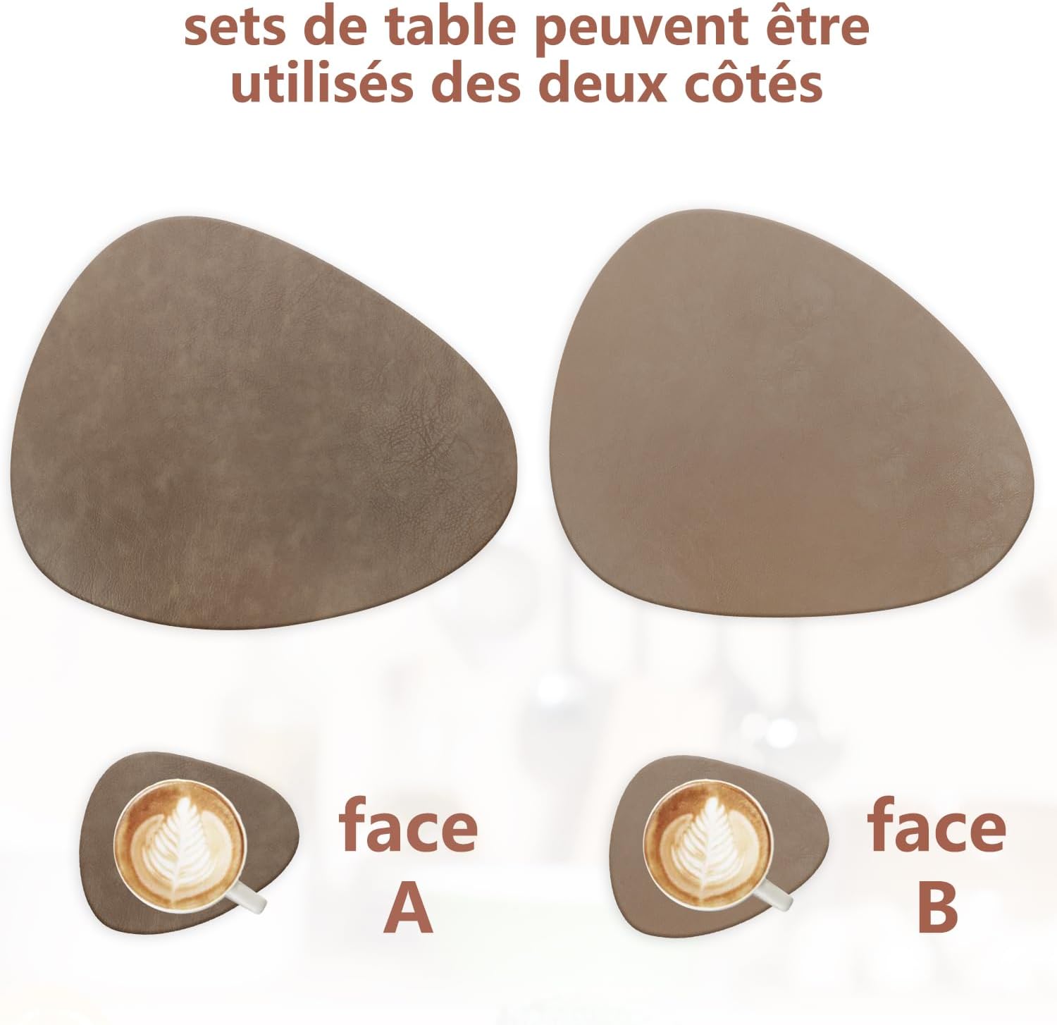 Set de table - lot de 4, PU double face, antidérapant, 41x33cm, marron