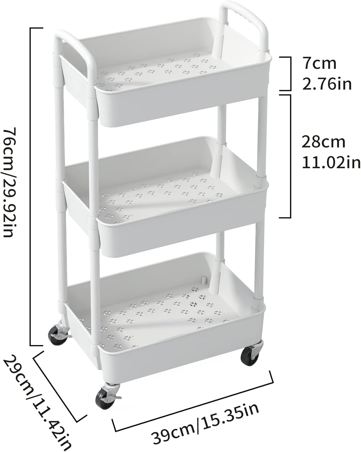 Sywhitta - chariot rangement 3 couches 39x29x76cm, roulettes, blanc