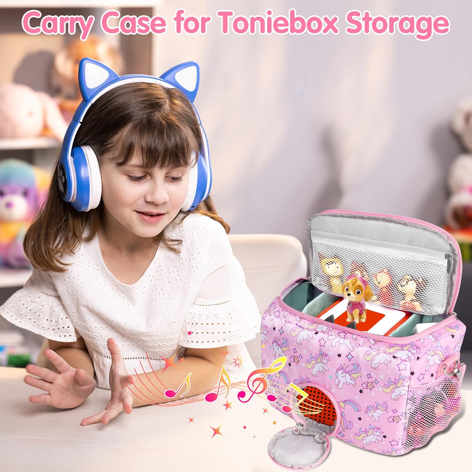 Étui de transport - rangement Toniebox, rose, accessoires, sangle réglable