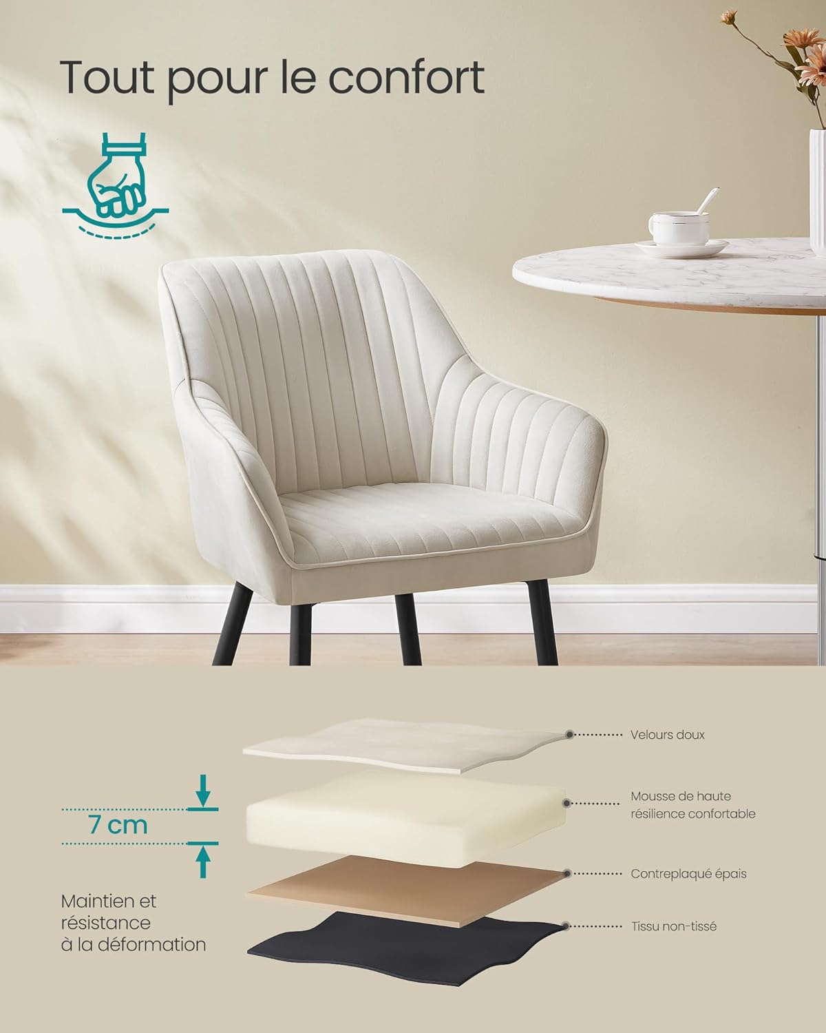 SONGMICS - fauteuil salle à manger 6 places, velours, accoudoirs, pieds métal, 120kg, beige cappuccino/noir - LDC087W16