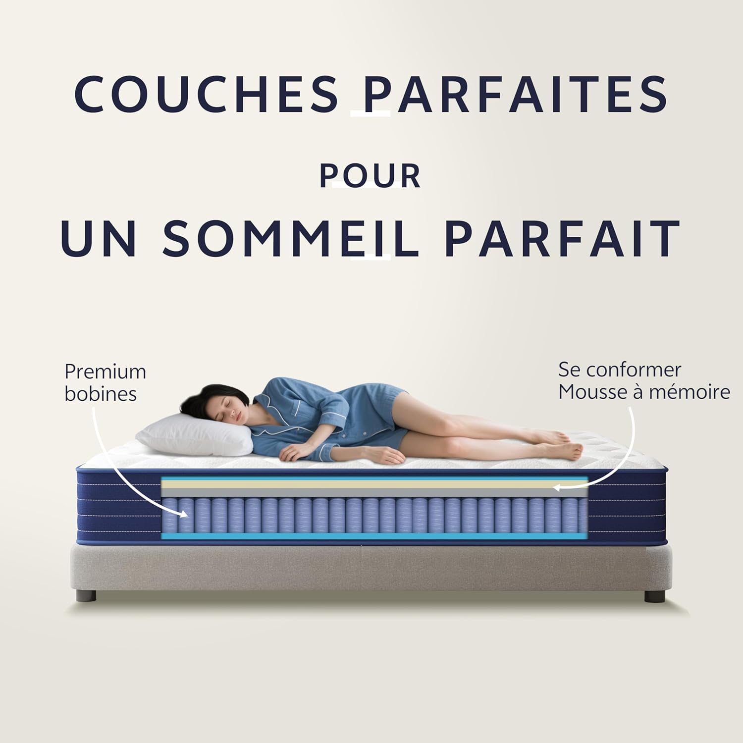 PurrJoys - Matelas 3FT - 90x190x20cm - Mémoire de forme, 7 zones, hybride, soutien moyen
