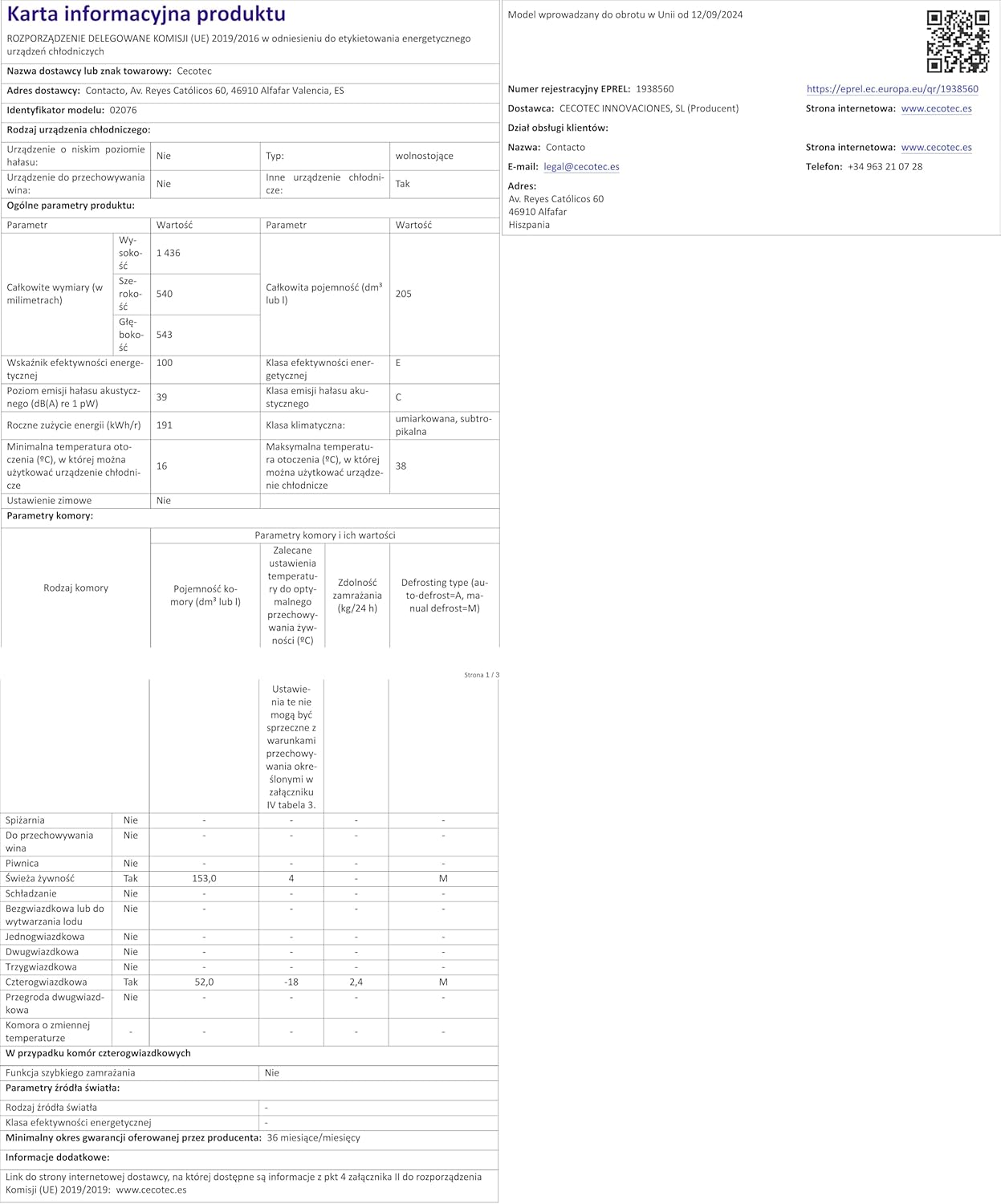 Cecotec - Bolero CoolMarket Combi - 169cm, 117L, Fast Cooling, classe E, 205 DF