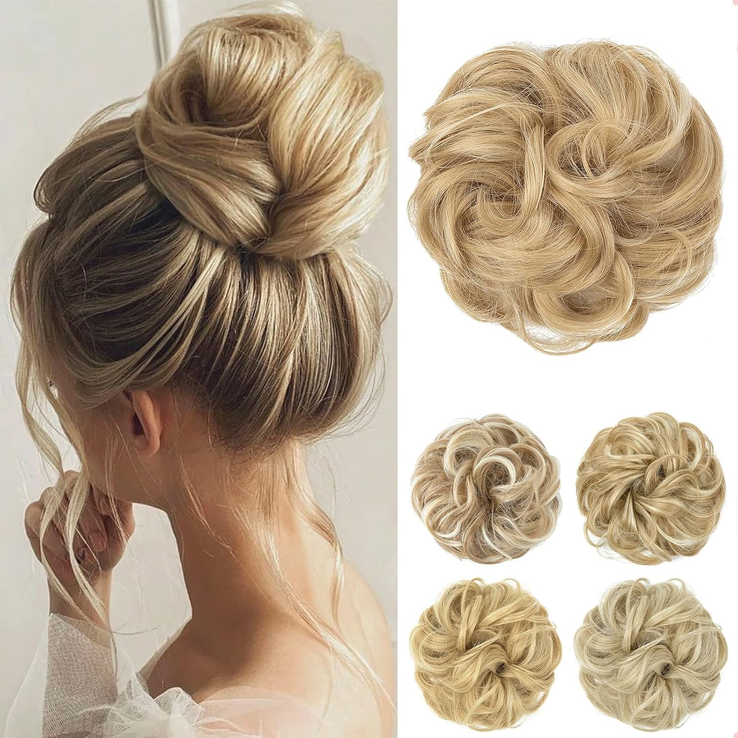 JJstar - Chignon postiche bouclé, élastique, cheveux miel, naturel