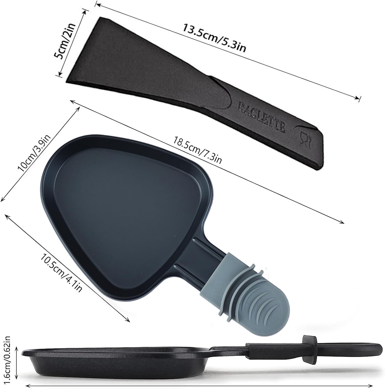 Poêlon raclette – set 4 pièces antiadhésif avec spatule – fromage fondu, œuf, triangulaire