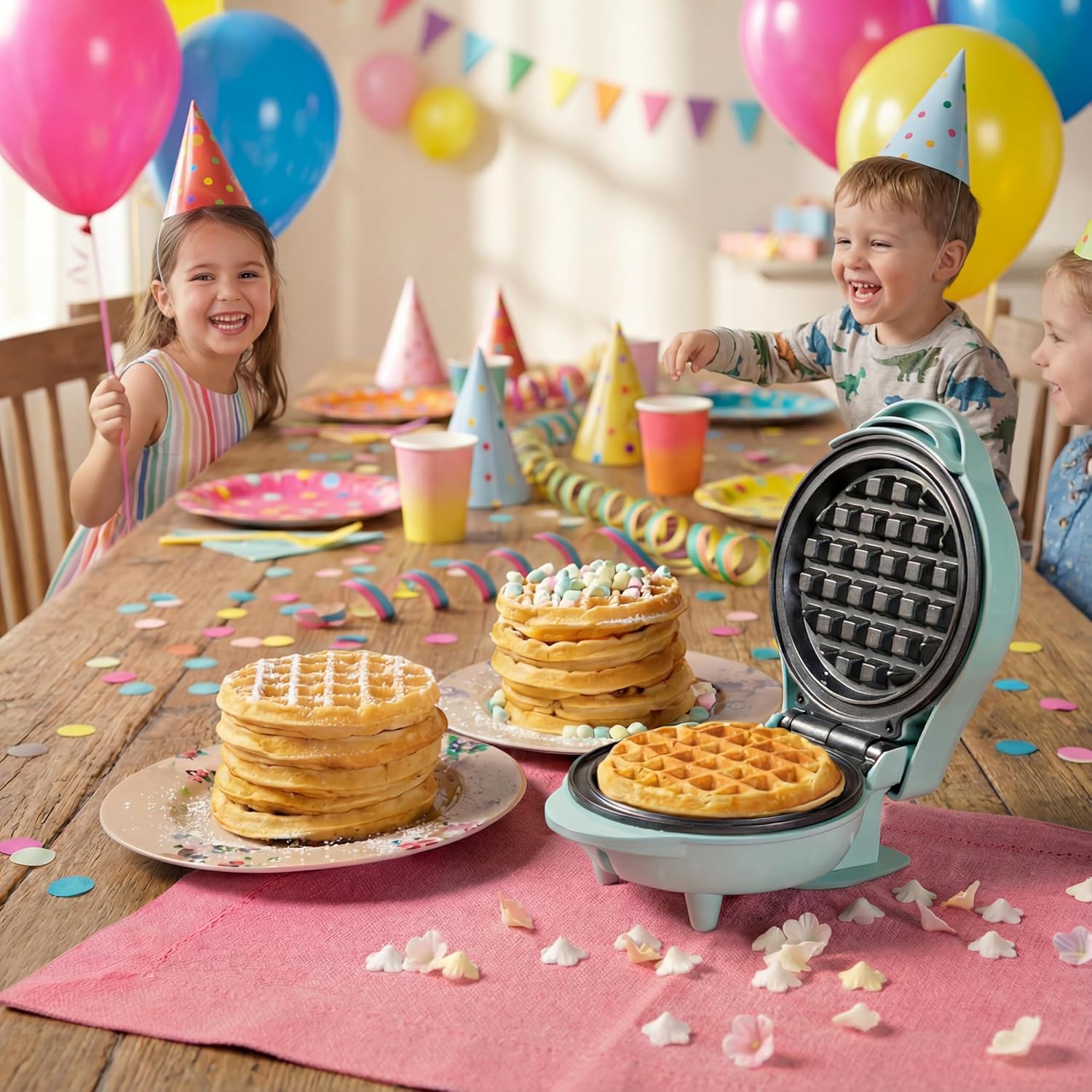 Bestron Mini gaufrier pour gaufres classiques, Petit gaufrier avec revêtement anti-adhésif, pour les anniversaires d'enfants, les fêtes de famille, Pâques ou Noël, Design: rétro, Couleur: menthe