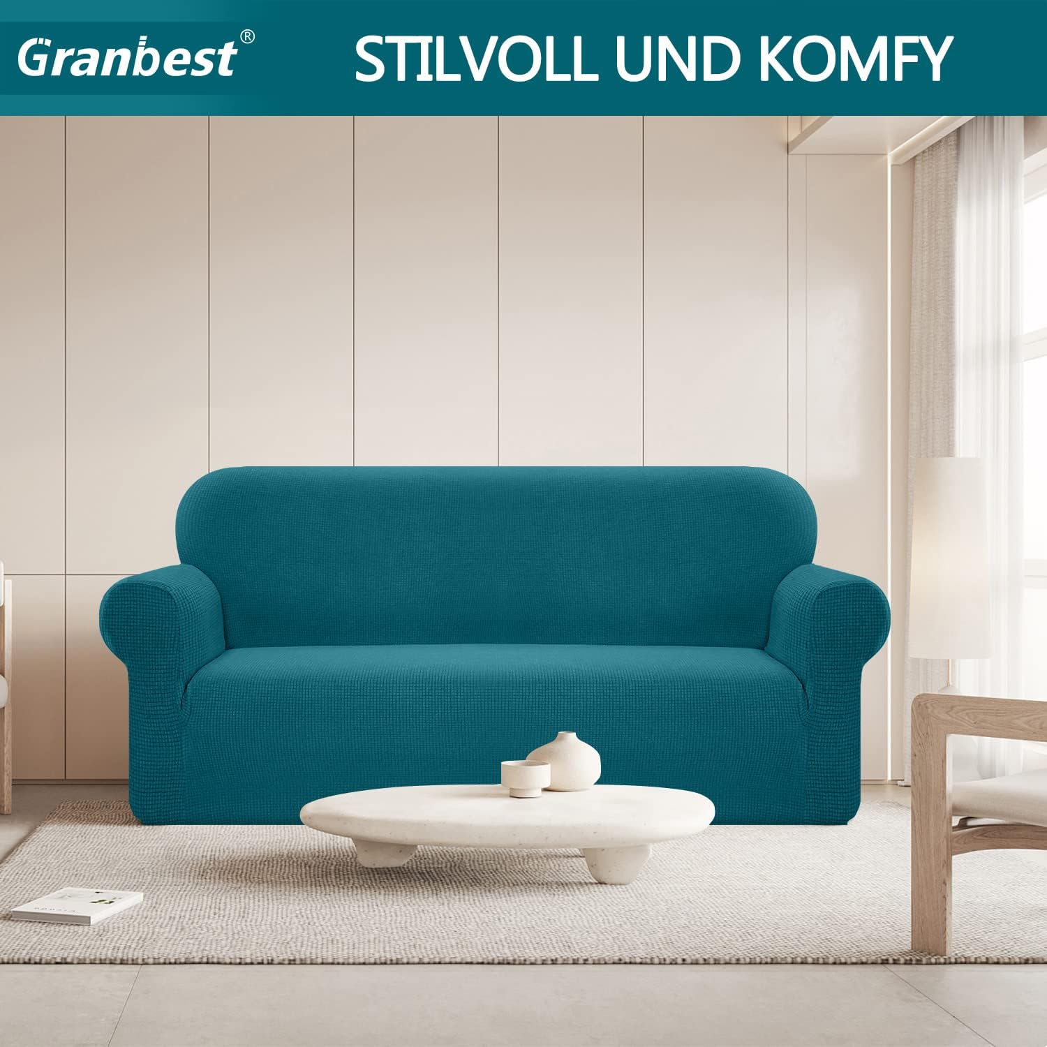 Granbest - housse de canapé stretch imperméable 3 places - bleu sarcelle, mousse antidérapante