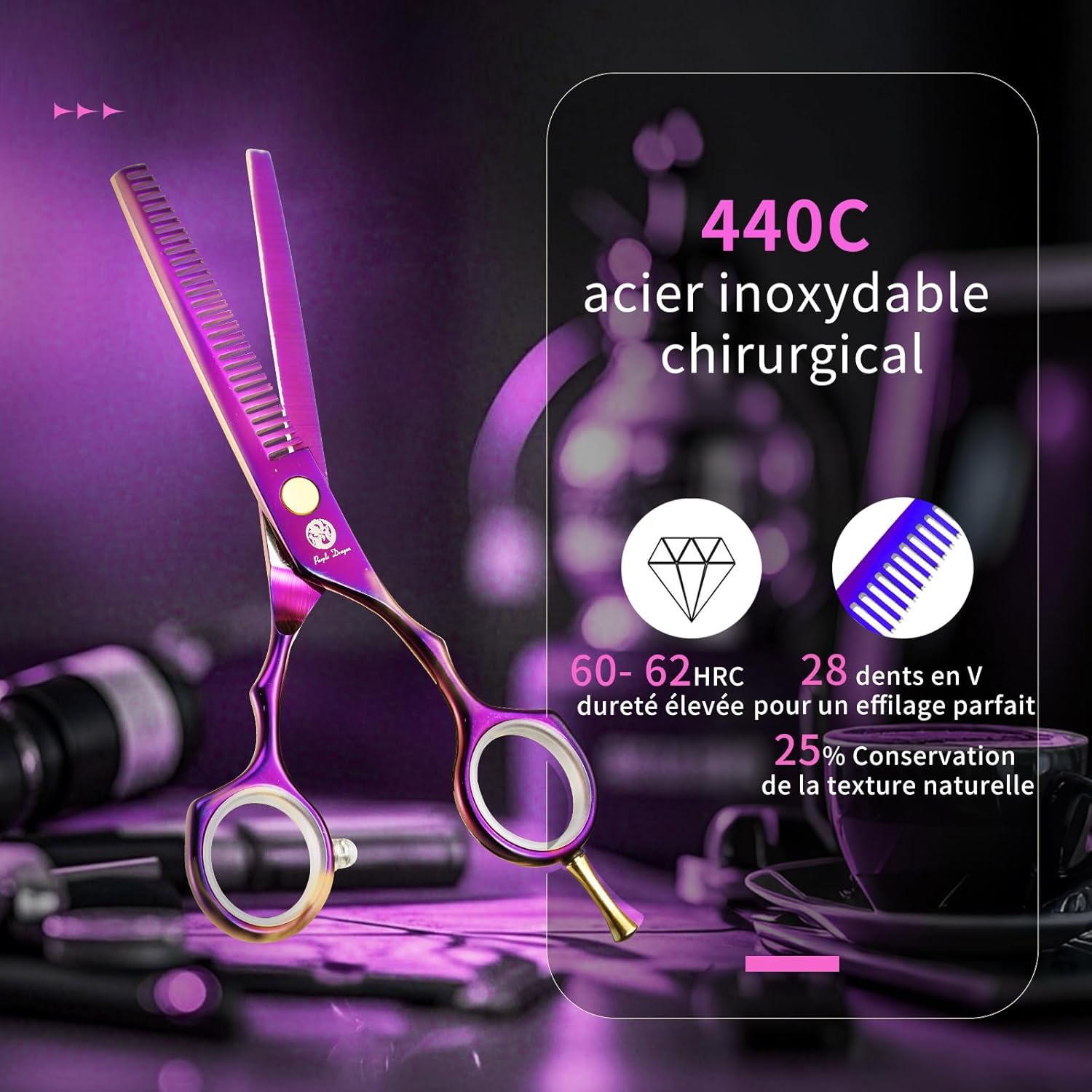 Kit de ciseaux de coiffure - 5,5 pouces - inox violet, peigne, rasoir