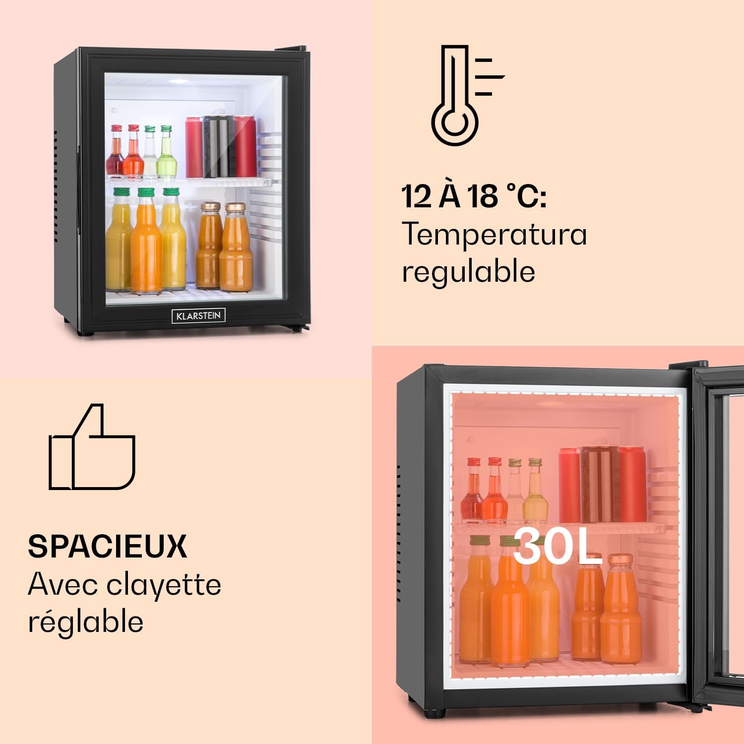 Klarstein - Frigo de chambre 32L - silencieux, étagères réglables, 12-18°C