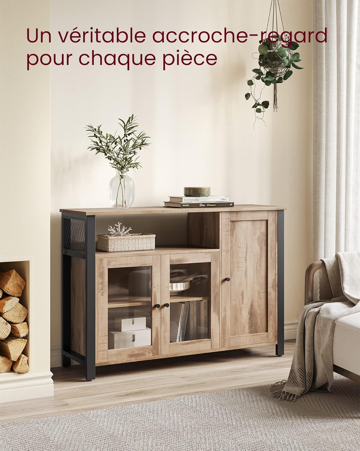 VASAGLE - Buffet de rangement rustique 110x33x75cm, 3 portes, LSC096B50
