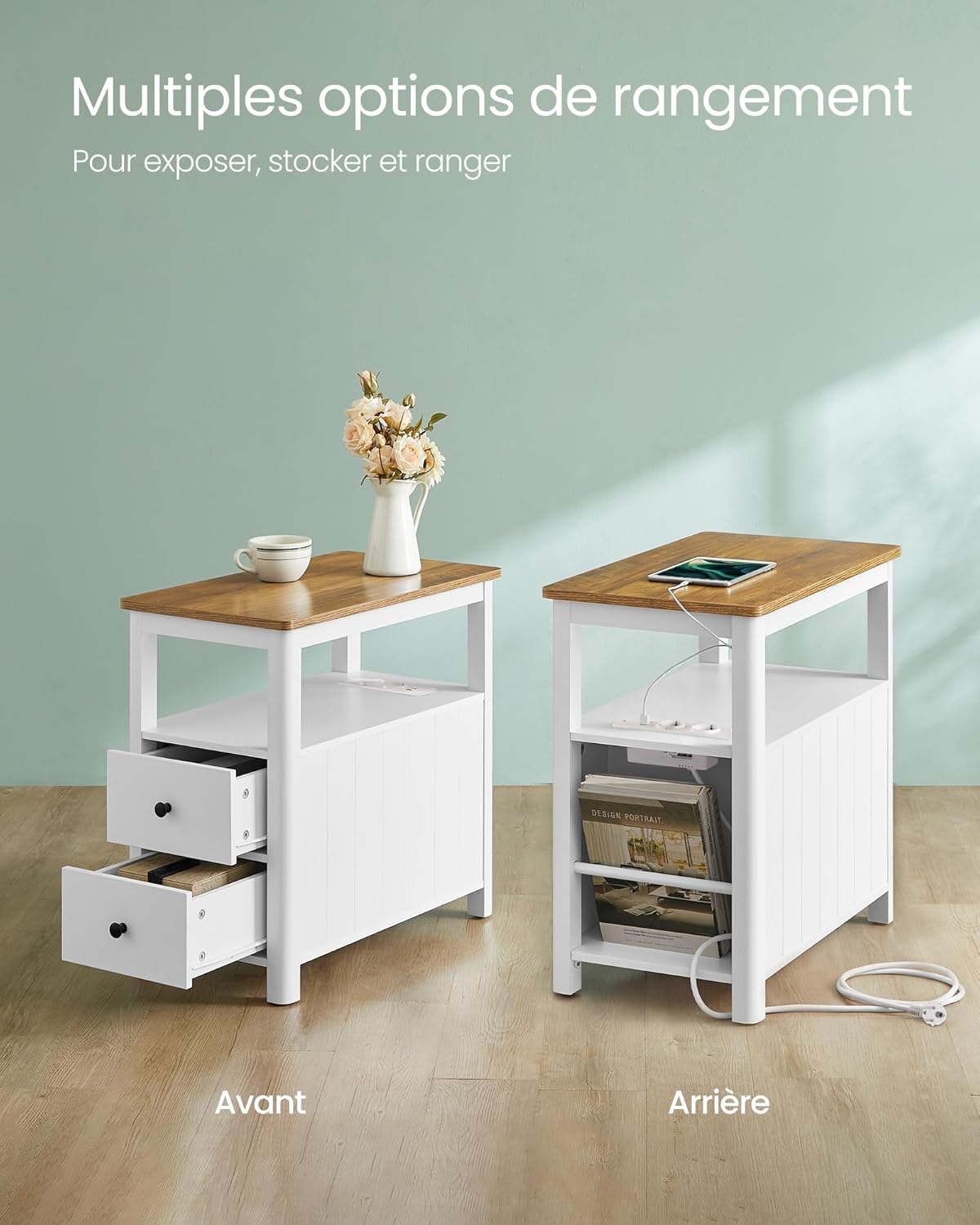 VASAGLE - Table d’appoint série LET - 2 tiroirs, multiprise, rangement compact - LET327W14